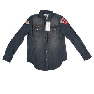 Etienne Marcel Denim Shirt Jacket S NWT Black Patch Button Up Utility Biker‎